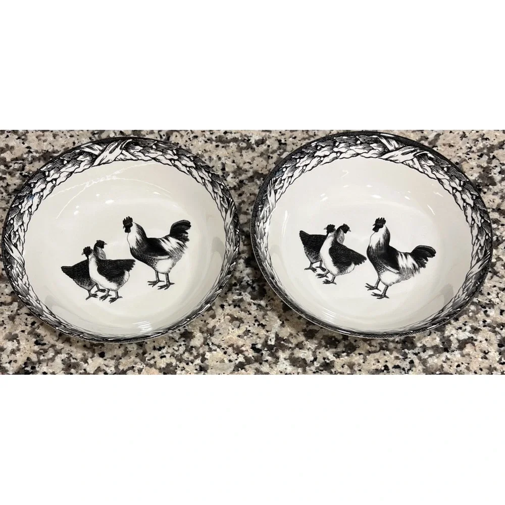 Set Of 2 CARLY DODSLEY Made In England CHICKEN ROOSTER HEN Bowls Cereal Salad